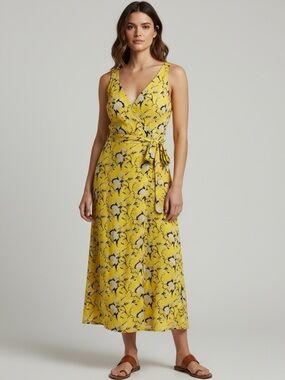 DIANE VON FURSTENBERG Yellow Floral Sleeveless Maxi Wrap Dress Size 4 100% Silk